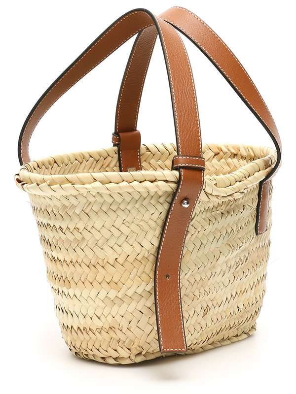 LOEWE Mini Basket Tote in Natural Tan Palm Leaf and Calfskin with Adjustable Handles, 17x33x13cm