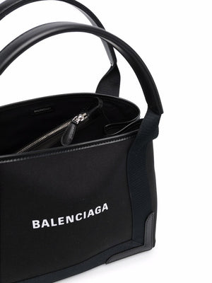 BALENCIAGA Small Black Canvas Logo Tote Handbag with Removable Pouch for Women