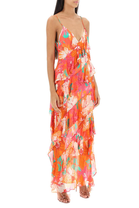 فستان ماكسي بتصميم طبعة استوائية وزهور مزين بطبقات للنساء