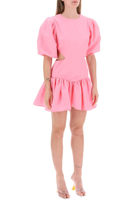 粉紅帶泡泡袖和開衩設計的迷你洋裝