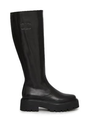 CELINE Black Calfskin Boots with Embossed Logo and Chunky Sole