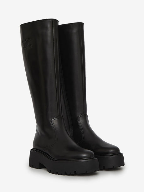 Black Leather Boots with Embossed Logo and Chunky Sole