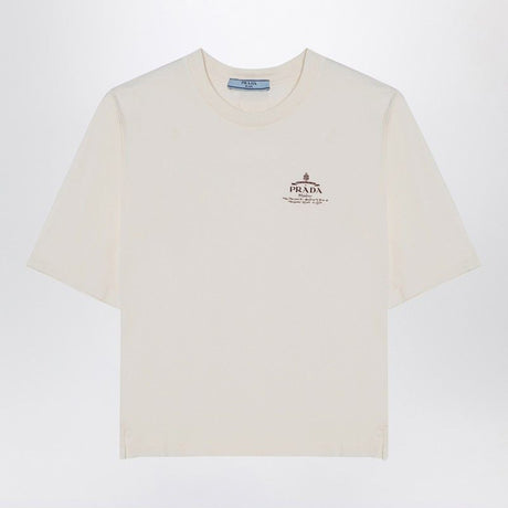 PRADA Ivory Cotton Crew-Neck T-Shirt with Logo