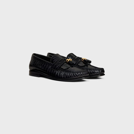 CELINE Crocodile Stamped Calfskin Loafers with Triomphe Tassels - Size 38NO