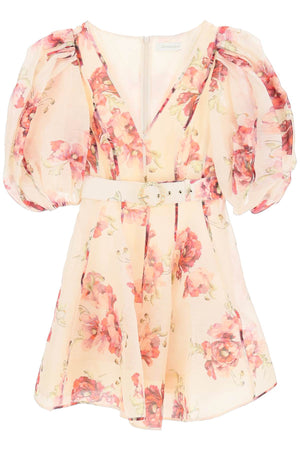 ZIMMERMANN Floral Print Linen and Silk Short Dress with Deep V-Neckline and Balloon Sleeves