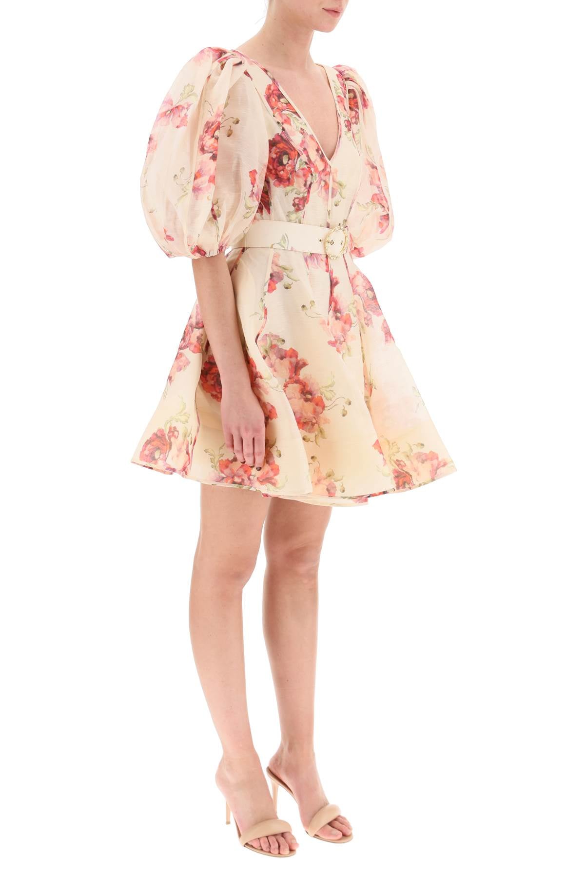 花印亞麻絲小洋裝，氣球袖和可調腰帶設計