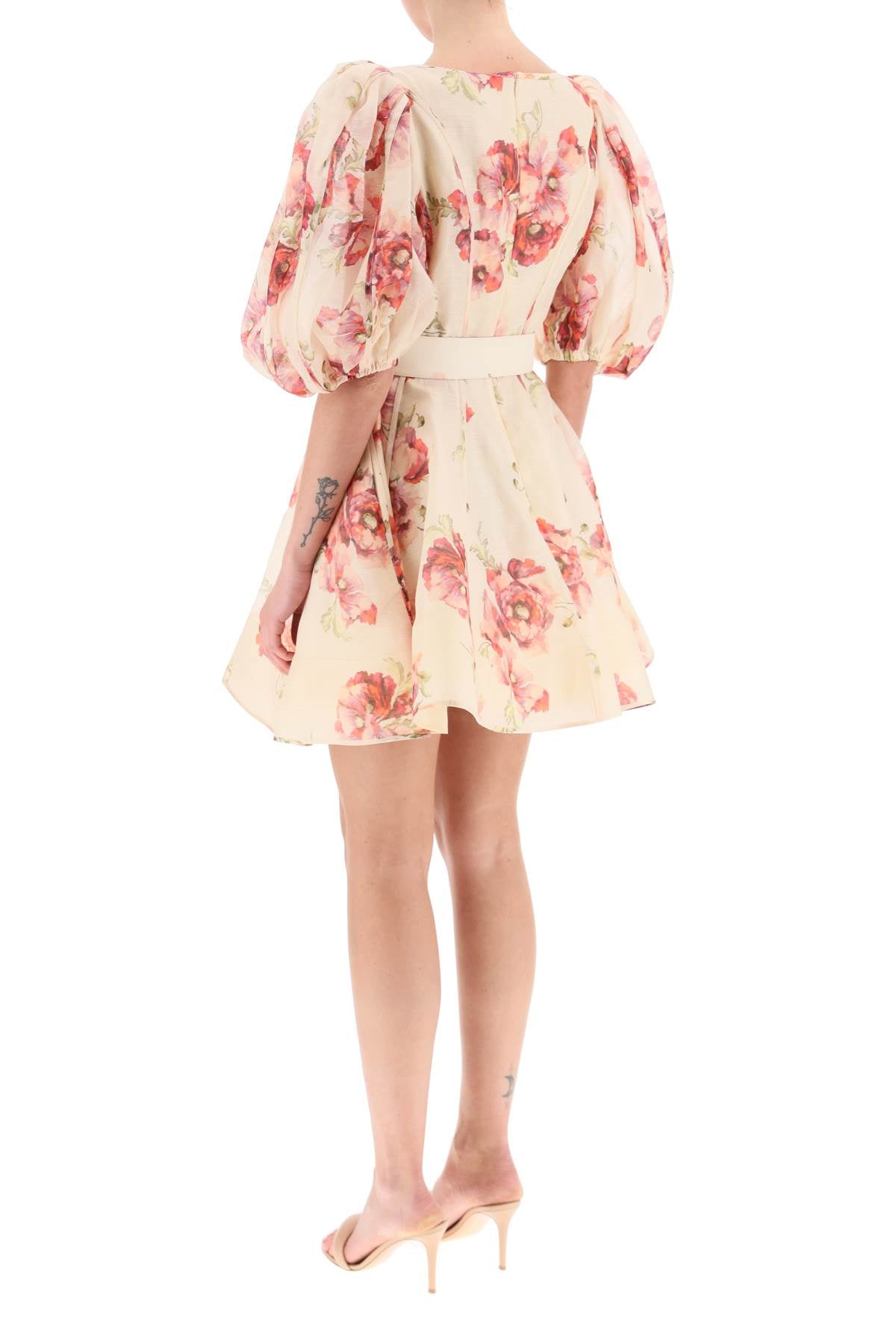 ZIMMERMANN Floral Print Linen and Silk Short Dress with Deep V-Neckline and Balloon Sleeves