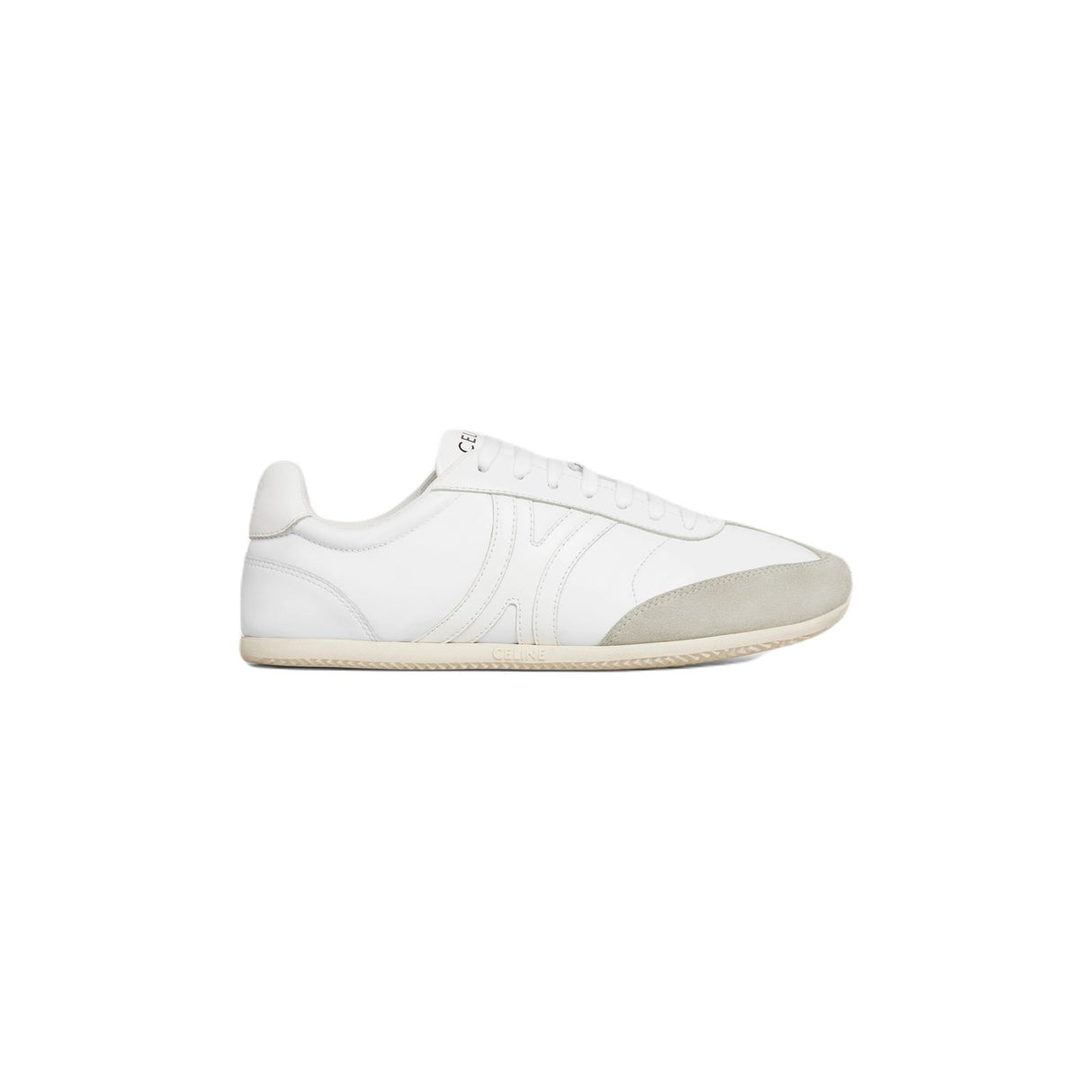 CELINE Low Lace-Up Triomphe Sneaker in White Calfskin with Grey Suede Inserts for Women