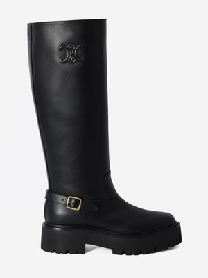 CELINE Chunky Black Calfskin Boots with Embossed Logo - 4.5 cm Heel