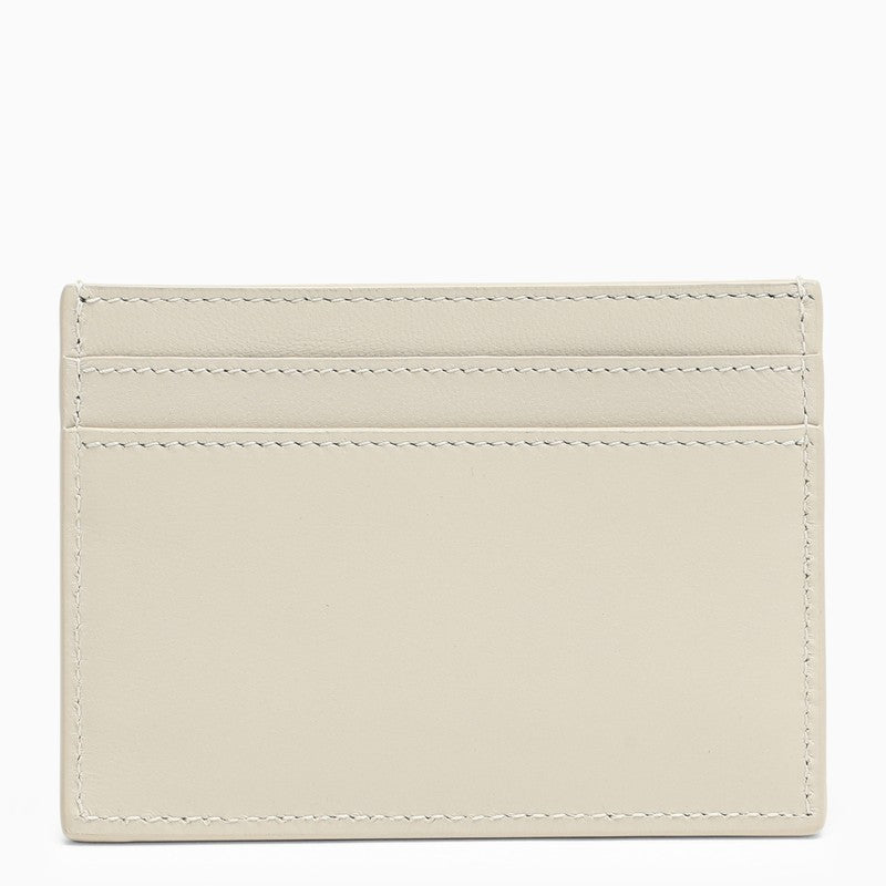 SAINT LAURENT Cream Leather Card Holder with Two-Tone Metal Logo