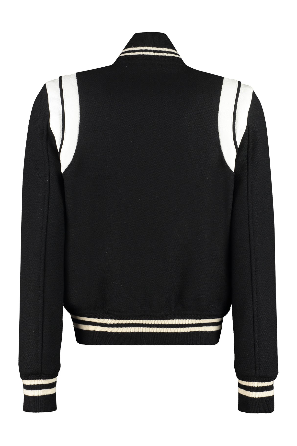 SAINT LAURENT Women's Black Bomber Jacket with Leather Details and Ribbed Edges