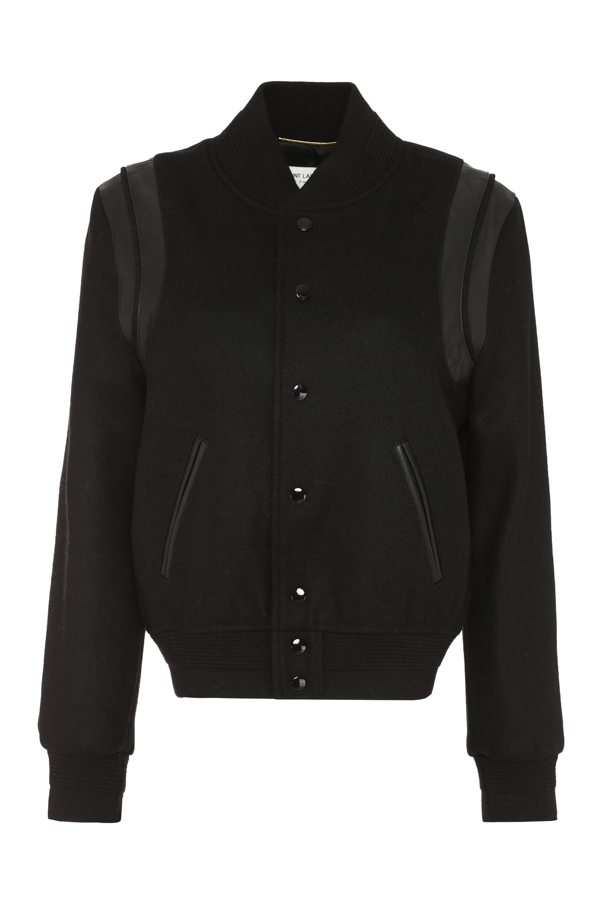 Women's Black Wool Bomber Jacket with Leather Details and Ribbed Knit Edges