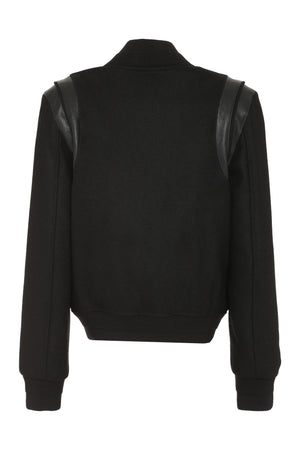 Women's Black Wool Bomber Jacket with Leather Details and Ribbed Knit Edges