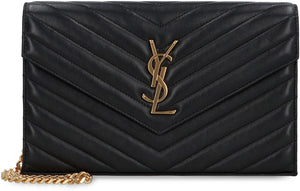 SAINT LAURENT Mini Black Leather Wallet with Gold Chain