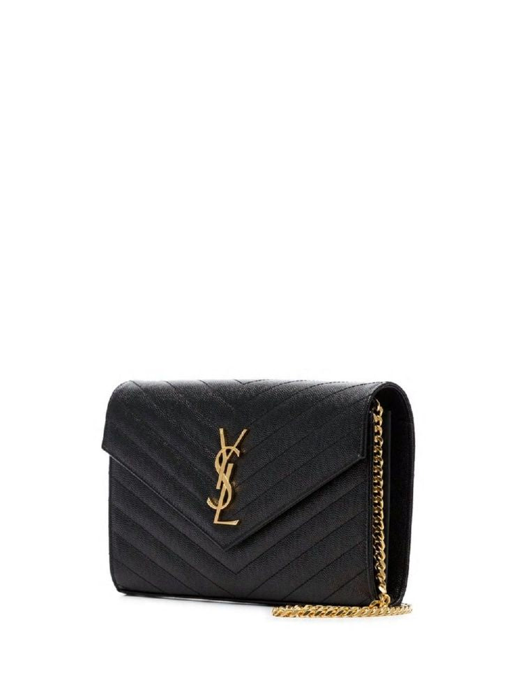 SAINT LAURENT Ochre Monogram Chain Wallet in Quilted Leather with Gold-Tone Accents