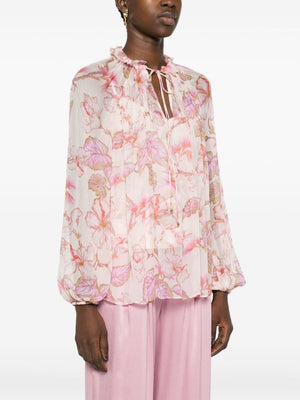 Pink Floral Blouse with Front Keyhole and Bow Fastening
