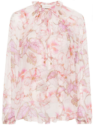 ZIMMERMANN Pink Floral Blouse with Keyhole and Bow Fastening