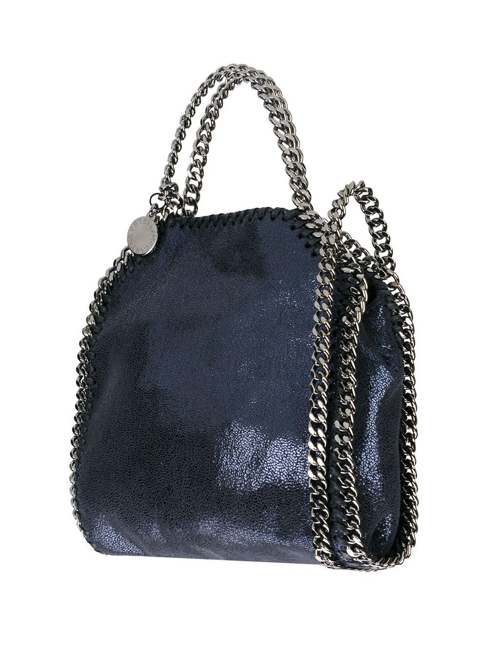 STELLA MCCARTNEY Navy Blue Mini Vegan Tote with Silver Chain Details - 7.3x5.9x2in