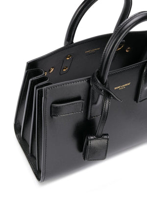 Black Leather Tote with Logo Charm and Padlock