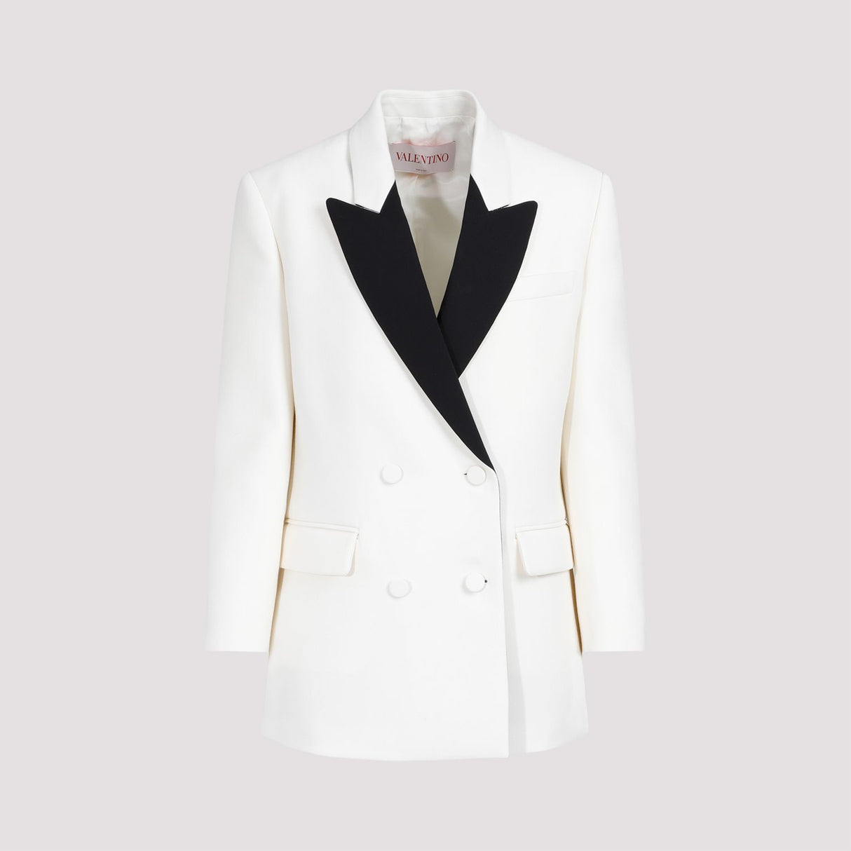 VALENTINO Ivory Chic Double-Breasted Wool Jacket with Black Silk Lapels