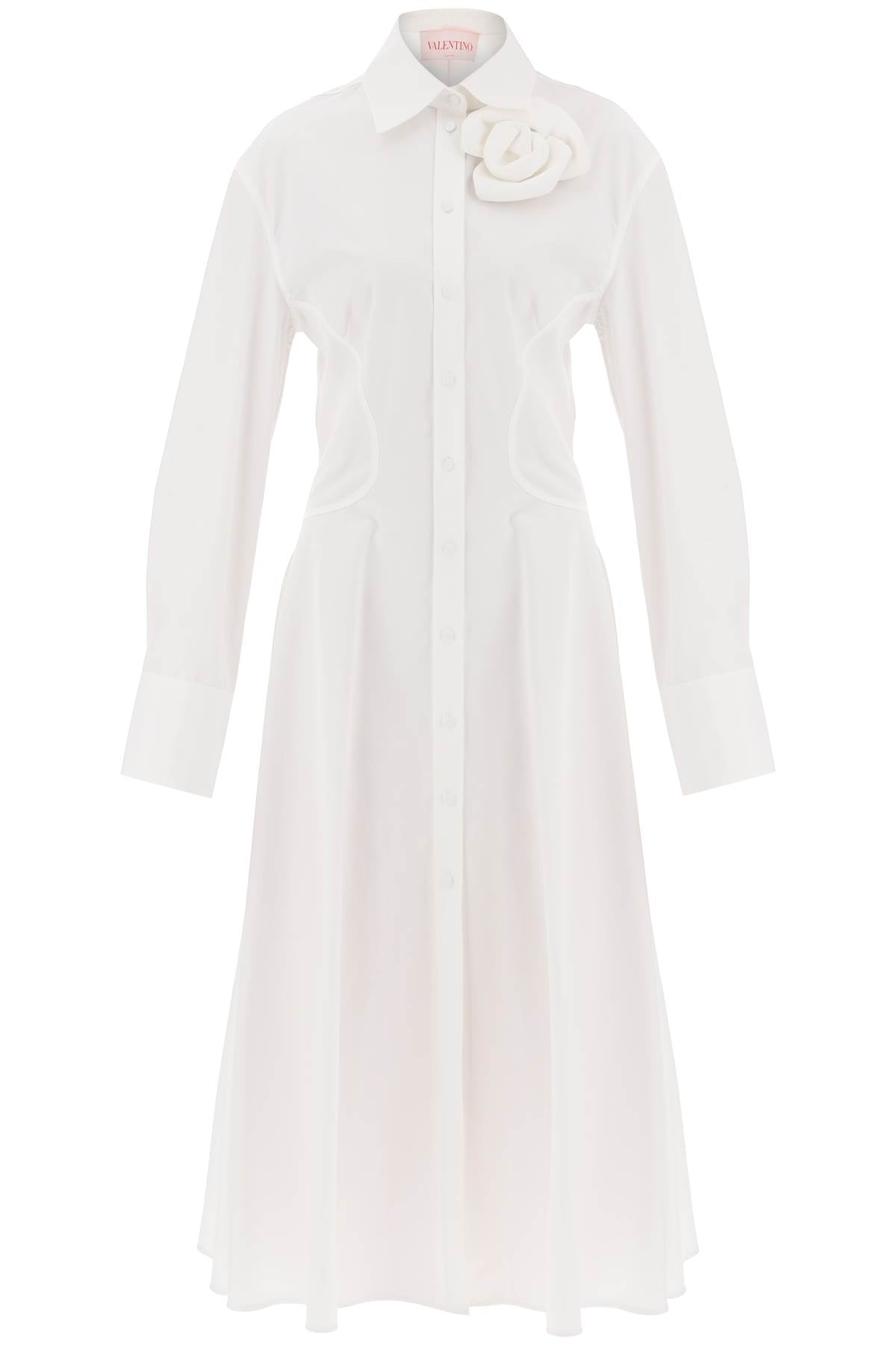 白色長裙配玫瑰刺繡 純棉彈性紗洋裝適合女性 - 收束下擺剪裁