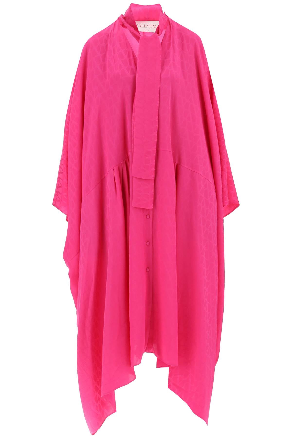 粉红色印花丝绸长款衬衫连衣裙