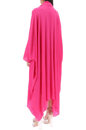 粉红色印花丝绸长款衬衫连衣裙