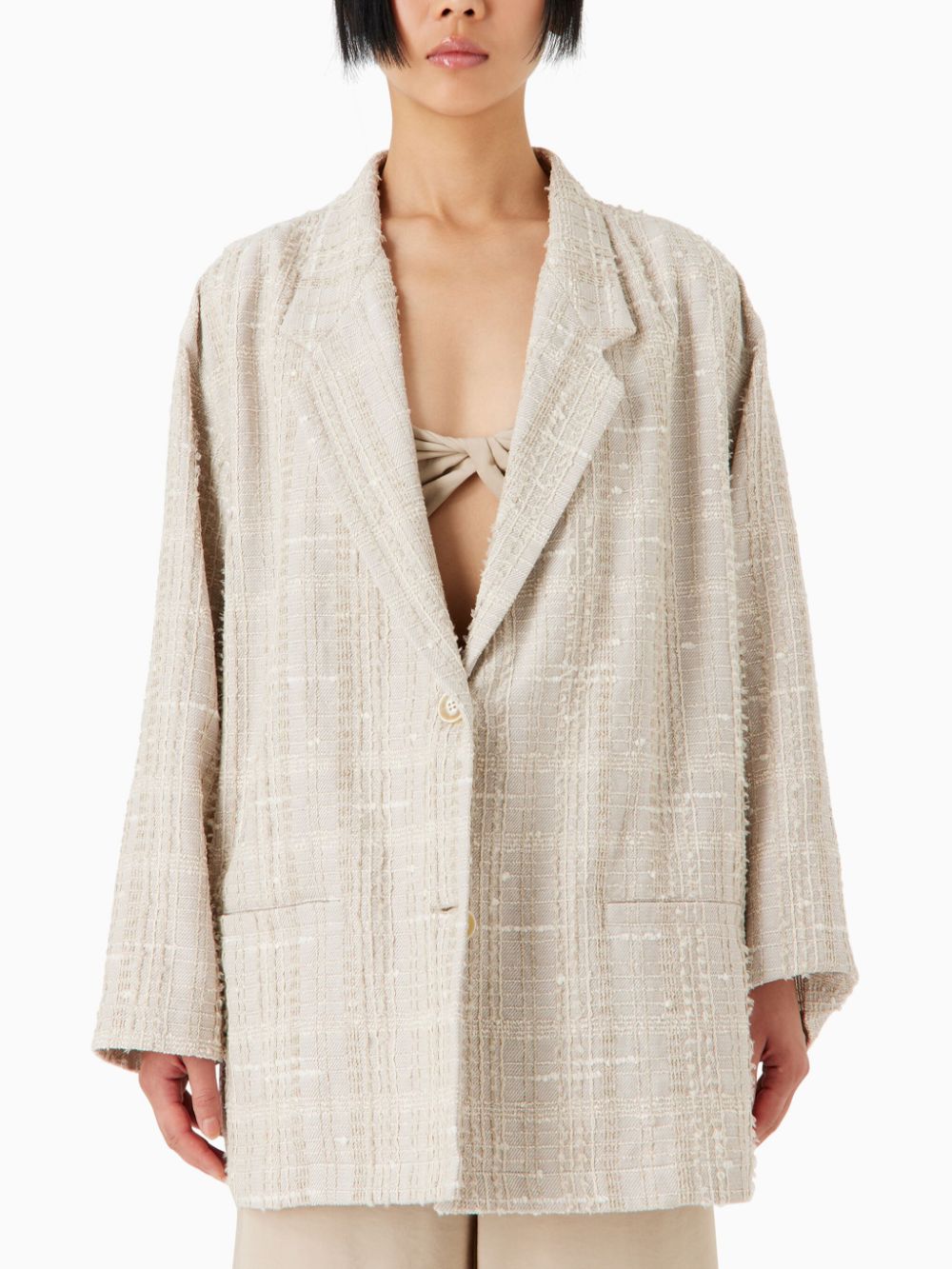 EMPORIO ARMANI Tan Single-breasted Blazer for Women in Cotton-linen Bouclé Material