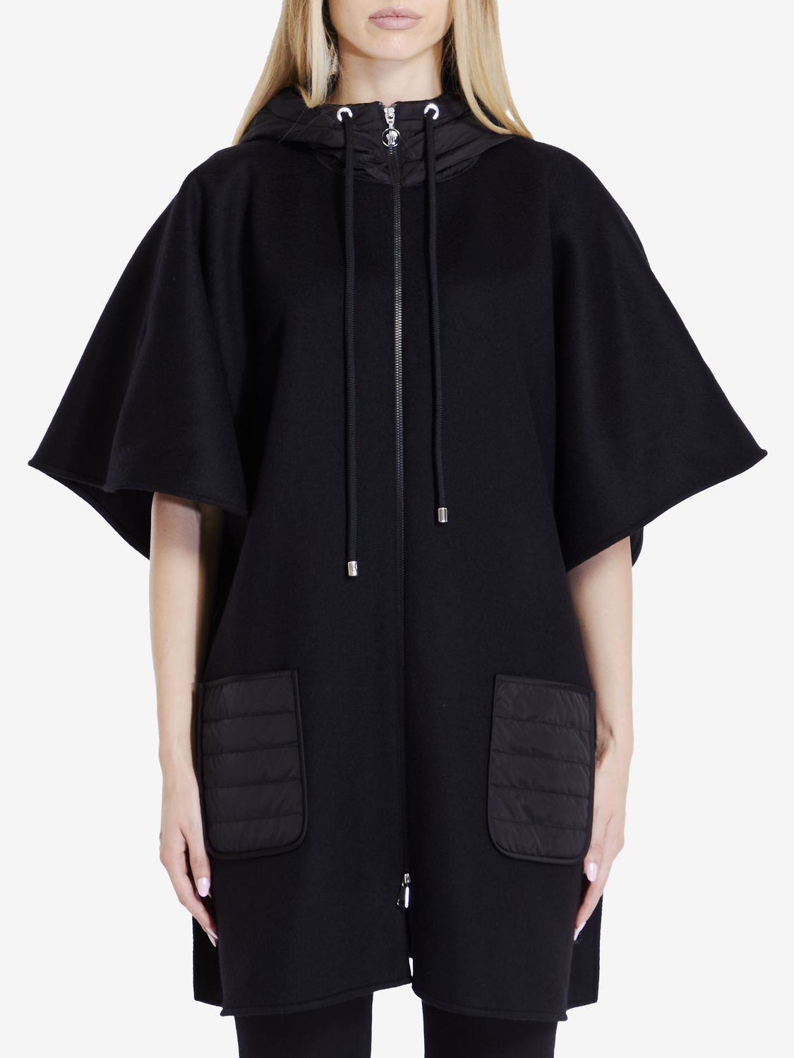 MONCLER Luxurious Black Wool Cape with Padded Nylon Hood