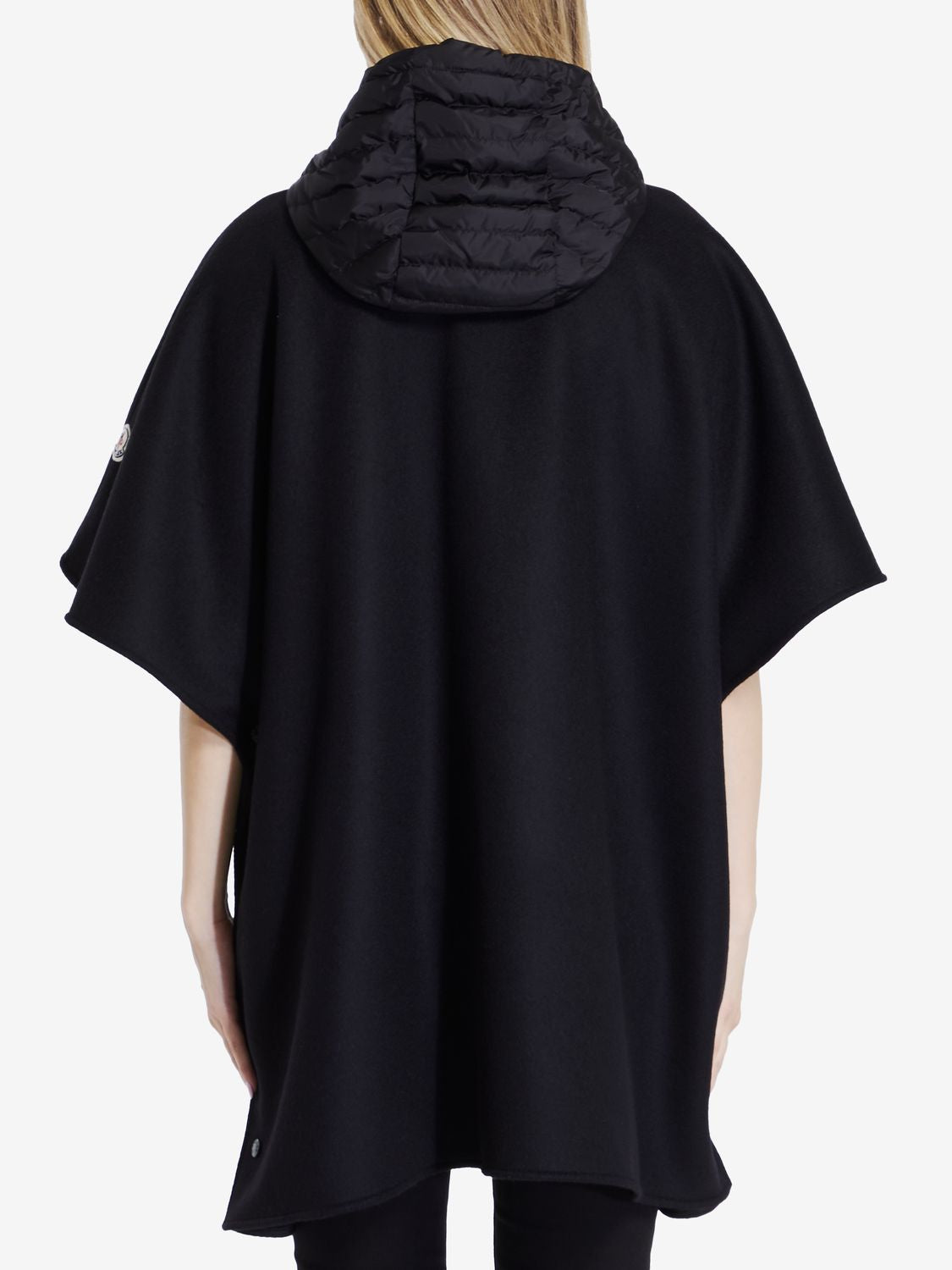 MONCLER Luxurious Black Wool Cape with Padded Nylon Hood