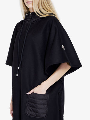 MONCLER Luxurious Black Wool Cape with Padded Nylon Hood