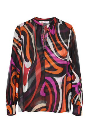 Printed Silk Blouse with Mandarin Collar and Buttoned Cuffs