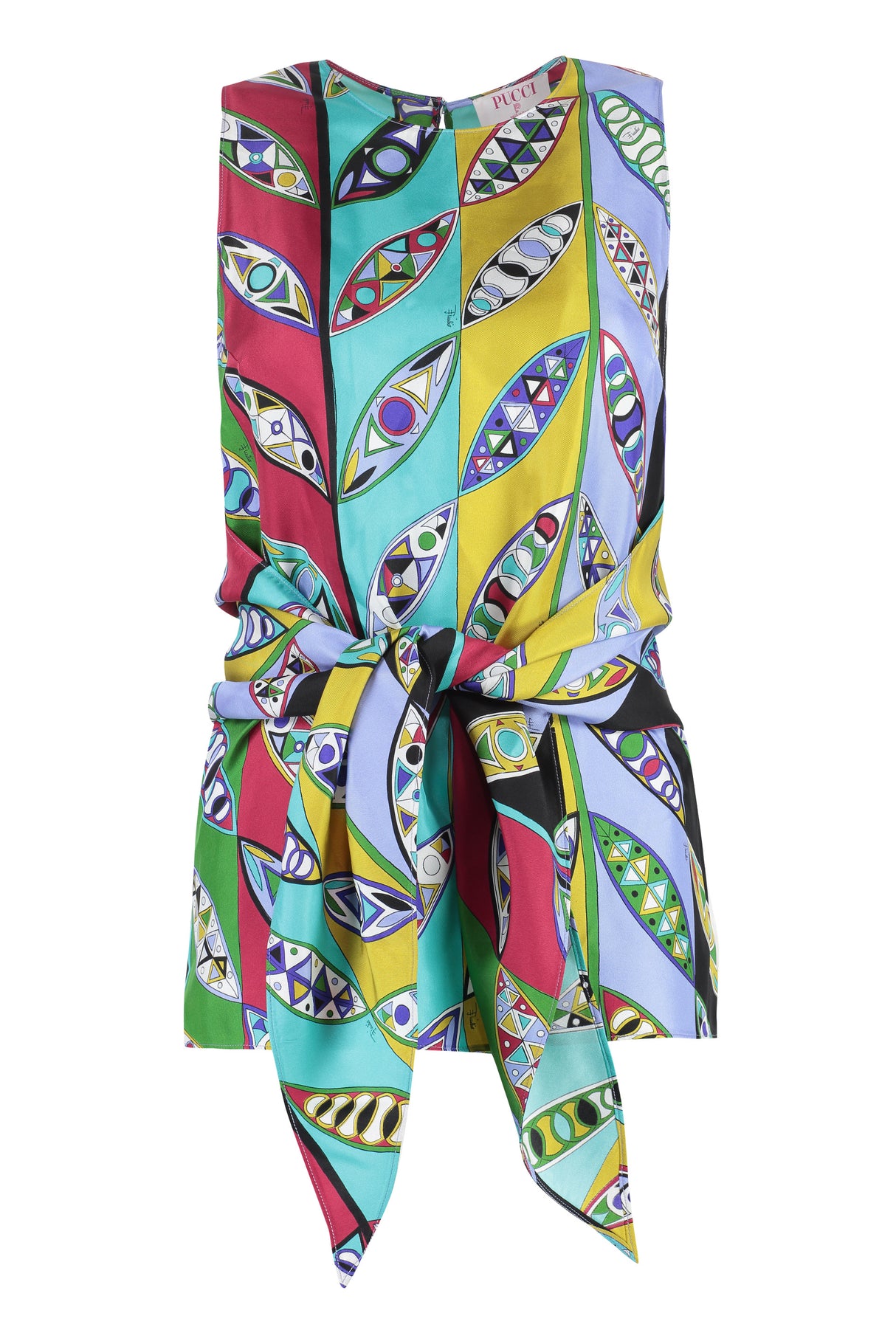 EMILIO PUCCI Multicolor Printed Silk Top with Draped Back and Bow Fastening for Women