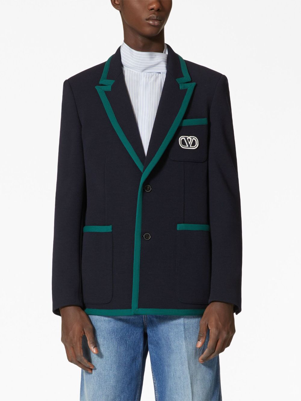 VALENTINO Men's Wool Single-Breasted Blazer with Contrasting Trimmings and Lapel Collar