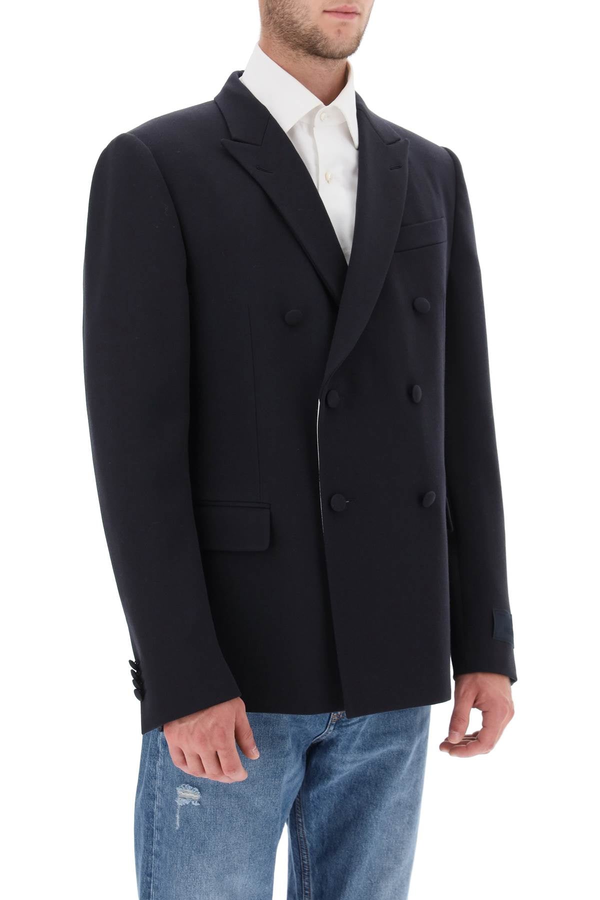 VALENTINO GARAVANI Fall/Winter 2024 Men's Navy Blue Raffia Double-Breasted Blazer