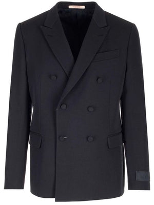 VALENTINO GARAVANI Fall/Winter 2024 Men's Navy Blue Raffia Double-Breasted Blazer