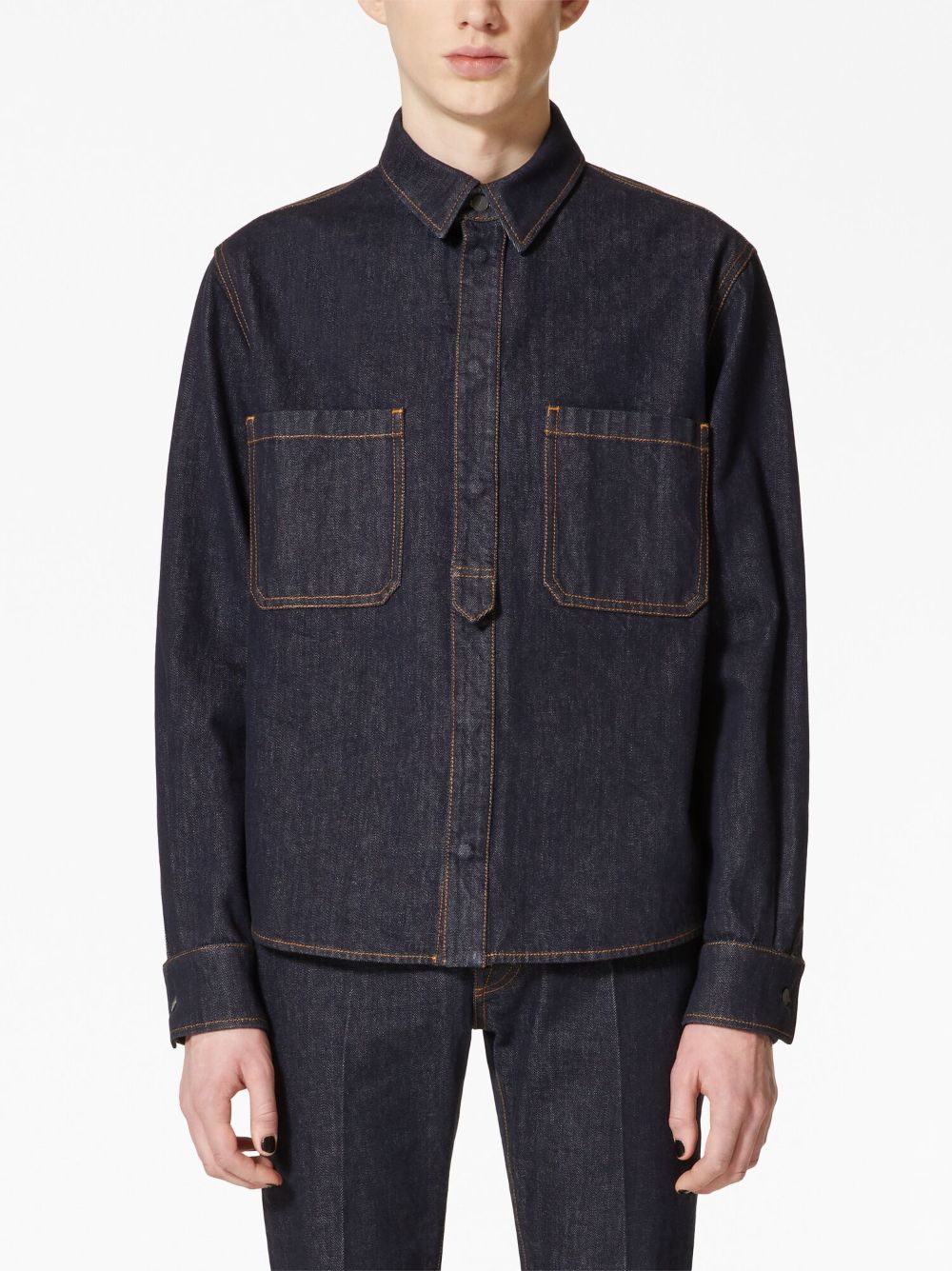 VALENTINO Classic Blue Denim Shirt - Embroidered Logo, Contrast Stitching, Straight Hem