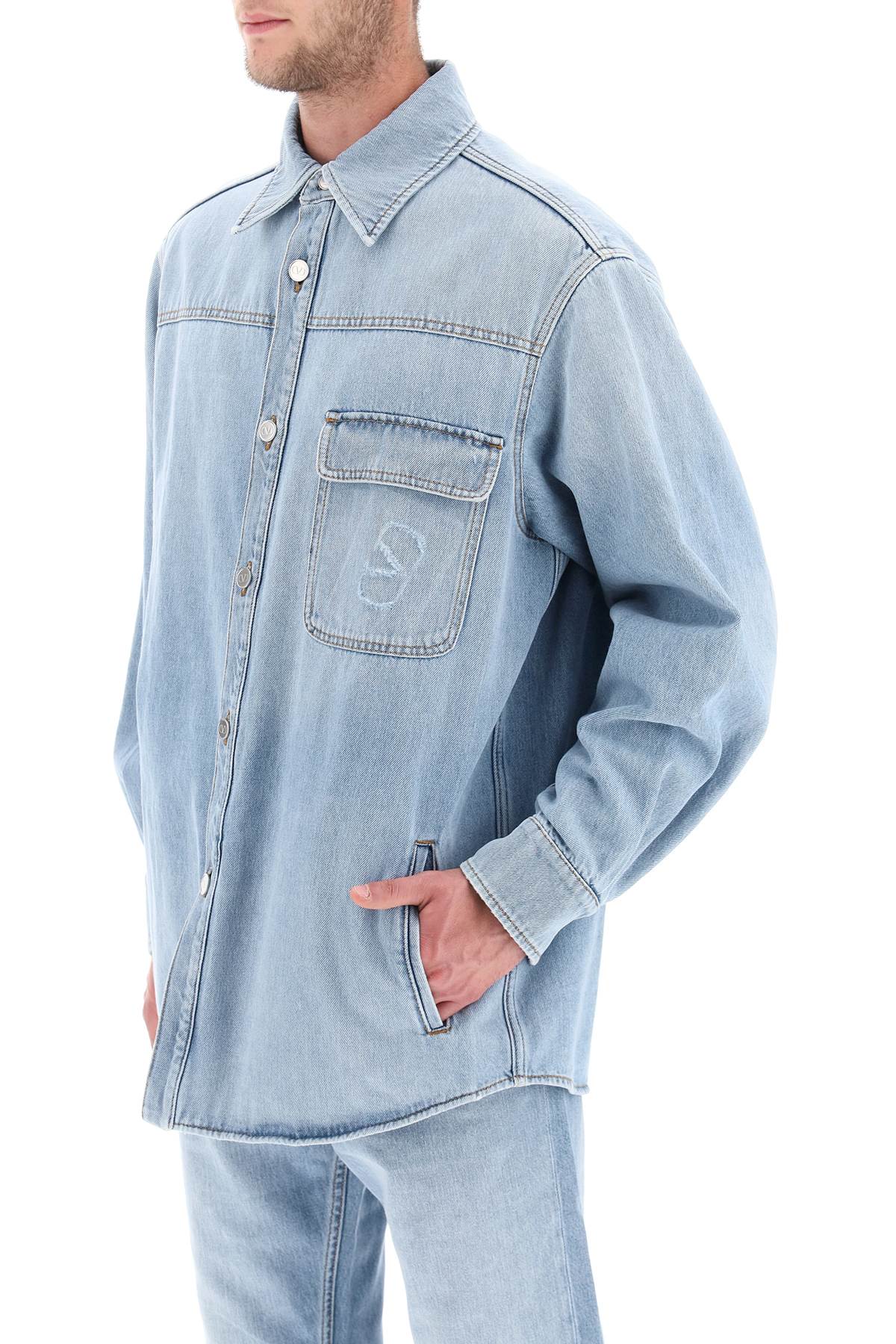 VALENTINO GARAVANI Men's Relaxed Fit Denim Overshirt with Stamped Logo - Size IT 48