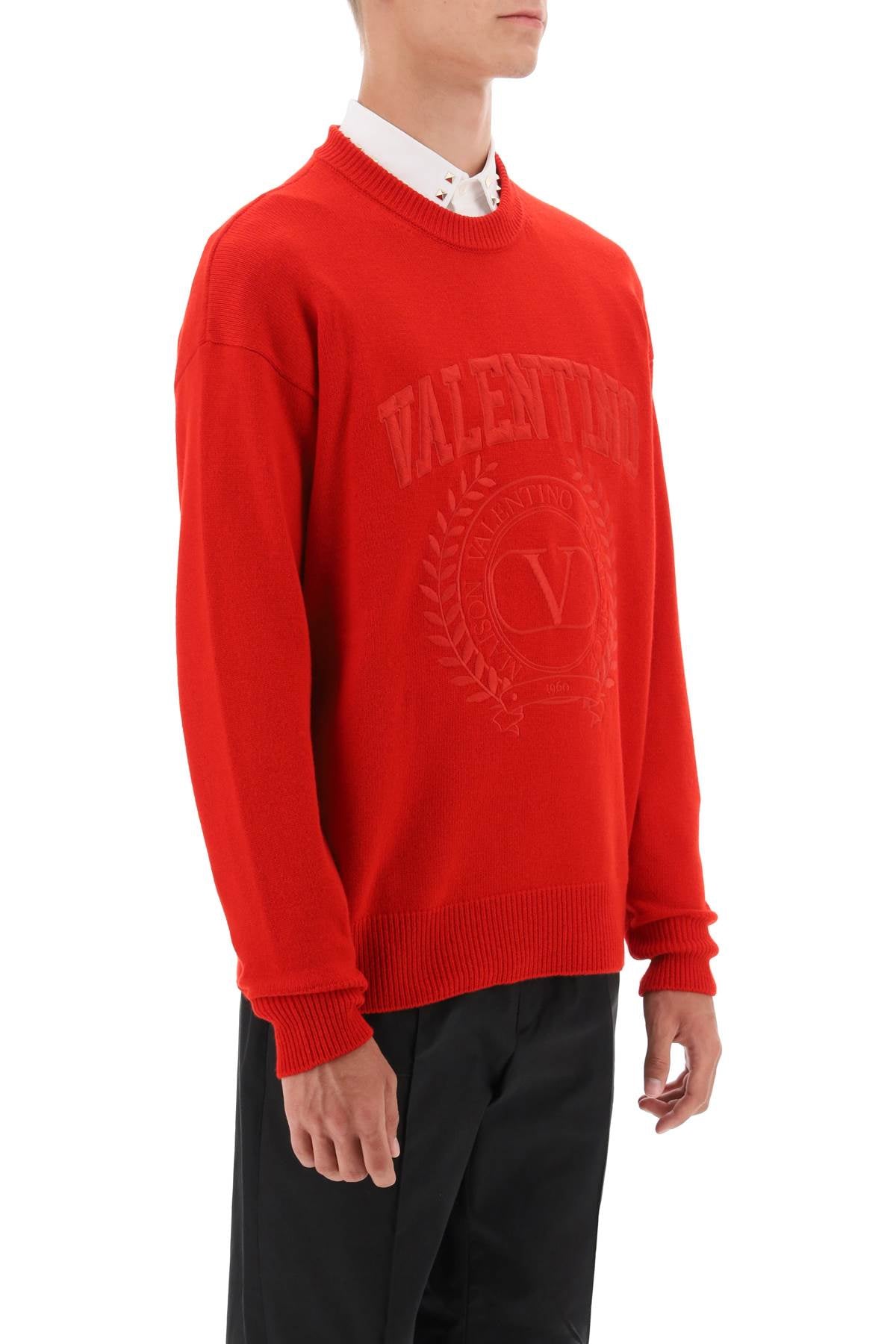 VALENTINO GARAVANI MEN'S RED CREW-NECK WOOL SWEATER WITH EMBROIDERED DETAIL