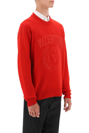 VALENTINO GARAVANI MEN'S RED CREW-NECK WOOL SWEATER WITH EMBROIDERED DETAIL