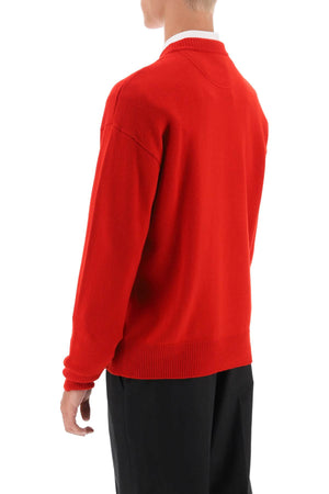 VALENTINO GARAVANI MEN'S RED CREW-NECK WOOL SWEATER WITH EMBROIDERED DETAIL