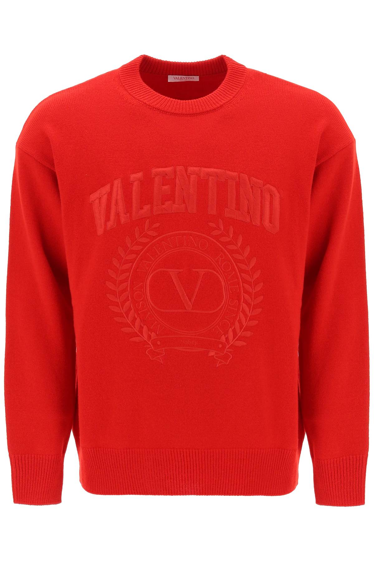 VALENTINO GARAVANI MEN'S RED CREW-NECK WOOL SWEATER WITH EMBROIDERED DETAIL