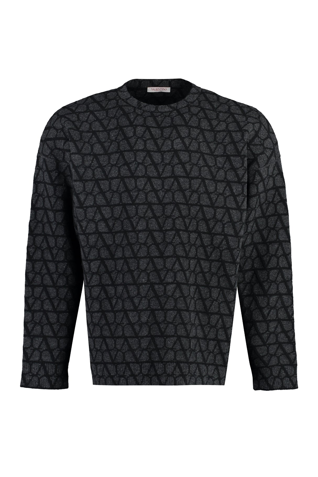 VALENTINO Men's Grey Crew-Neck Wool Sweater with Iconic All-Over Motif