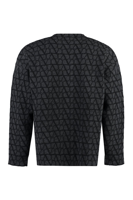 VALENTINO Men's Grey Crew-Neck Wool Sweater with Iconic All-Over Motif