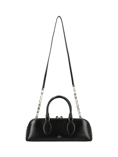VALENTINO GARAVANI Black Leather Rockstud Duffle Handbag for Women - SS24