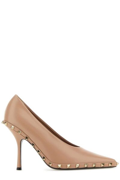 Pointed Toe Pumps with Raffia and Pyramid Stud Accents in Beige