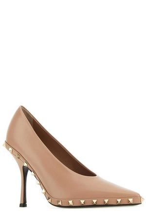 Pointed Toe Pumps with Raffia and Pyramid Stud Accents in Beige