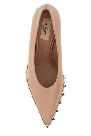 Pointed Toe Pumps with Raffia and Pyramid Stud Accents in Beige