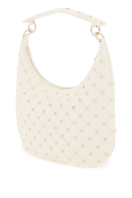 VALENTINO GARAVANI Small Quilted Leather Rockstud Spike Hobo Handbag with Convertible Straps in White