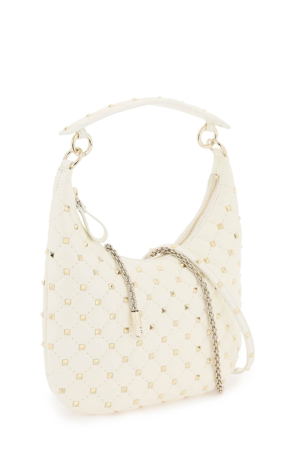 VALENTINO GARAVANI Small Quilted Leather Rockstud Spike Hobo Handbag with Convertible Straps in White